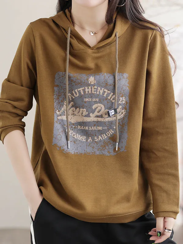 Long Sleeves Loose Drawstring Printed Hoodies Tops