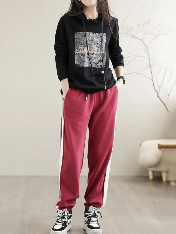 Long Sleeves Loose Drawstring Printed Hoodies Tops
