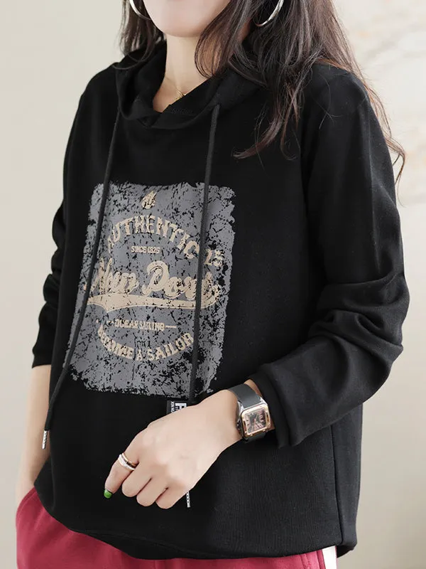 Long Sleeves Loose Drawstring Printed Hoodies Tops
