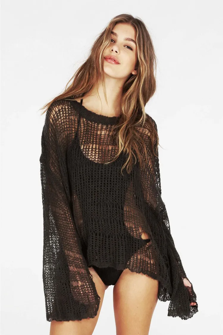 Long Sleeves Pure Color Scoop Irregular Transparent Sweater