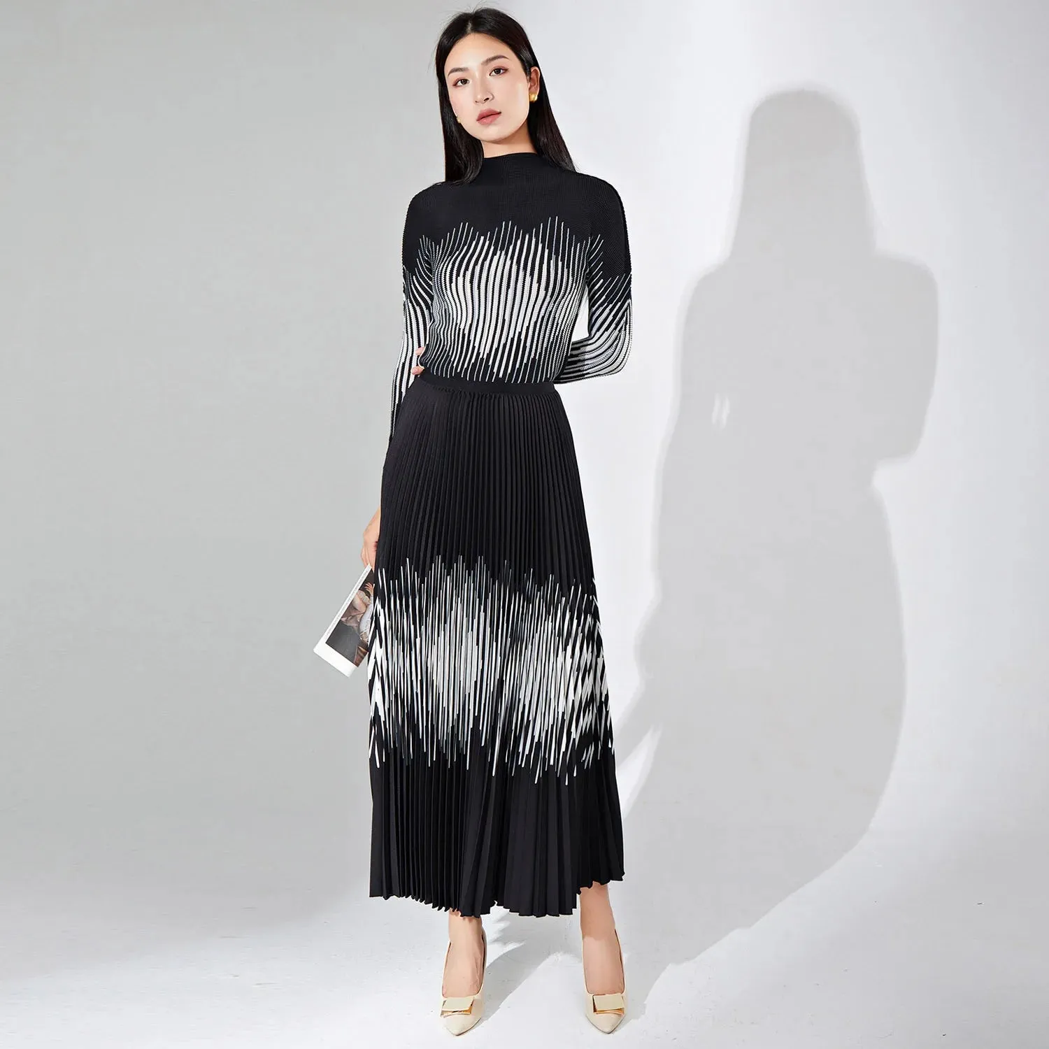 Long Sleeves Slim Tops High Waist A-line Skirts