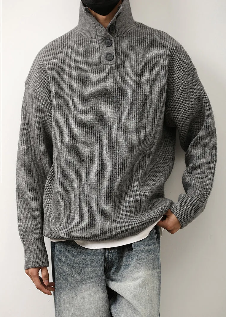 Loose Red Stand Collar Button Knit Mens Sweaters Spring TK011