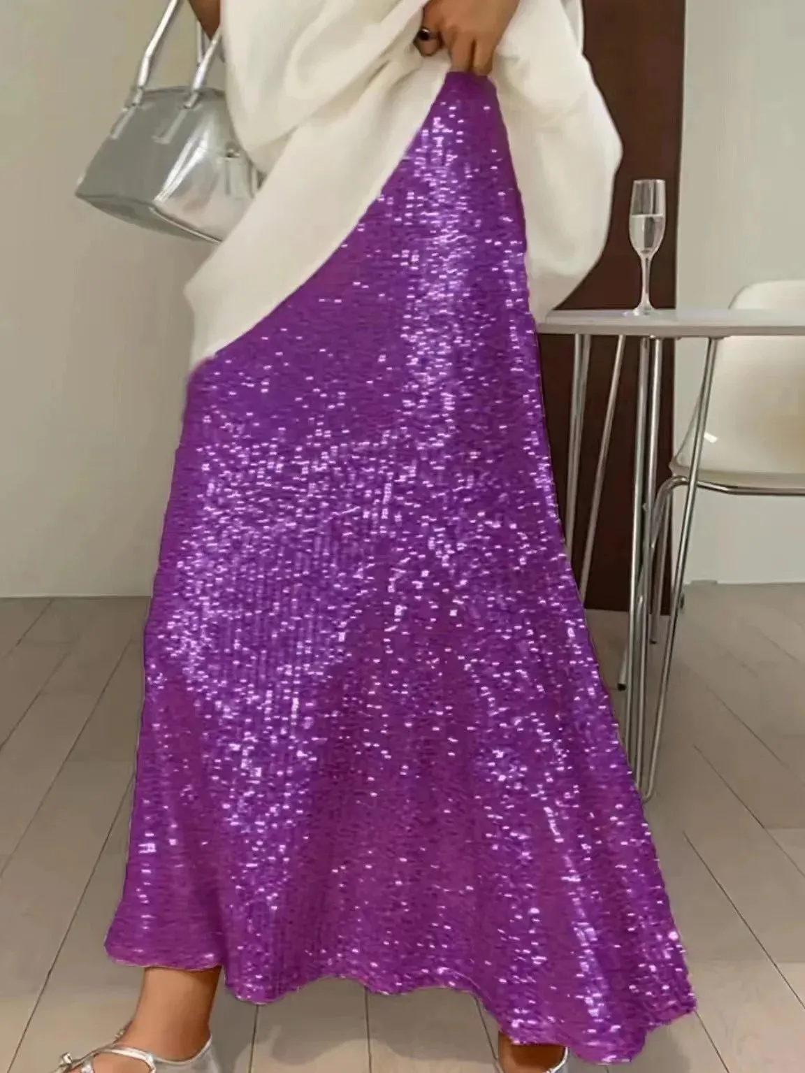 LVSANW Sequin Long Skirt Women Korean Fashion High Waist A-line Patchwork Slim Elegant Party Midi Skirt Autumn Casual