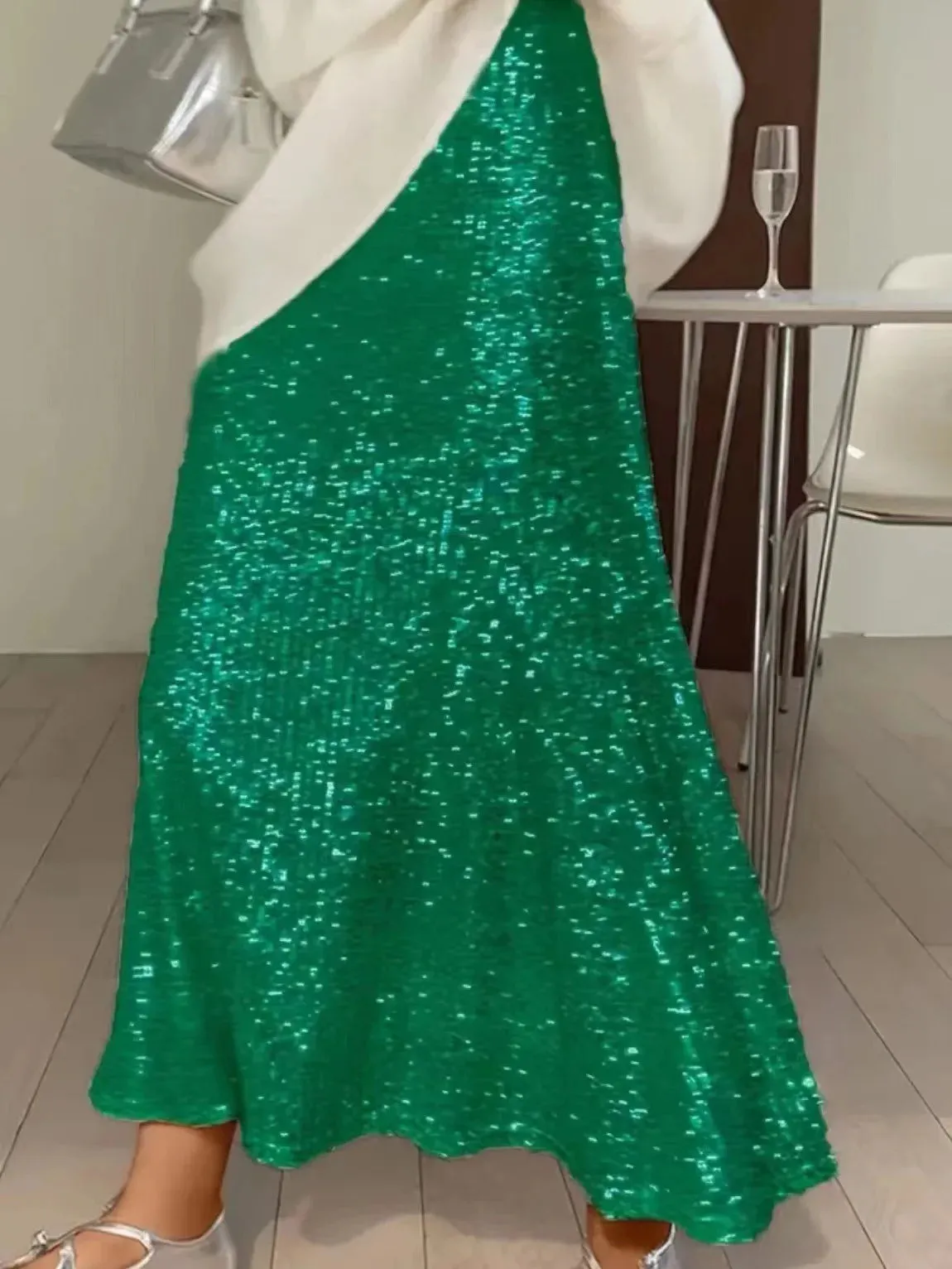 LVSANW Sequin Long Skirt Women Korean Fashion High Waist A-line Patchwork Slim Elegant Party Midi Skirt Autumn Casual