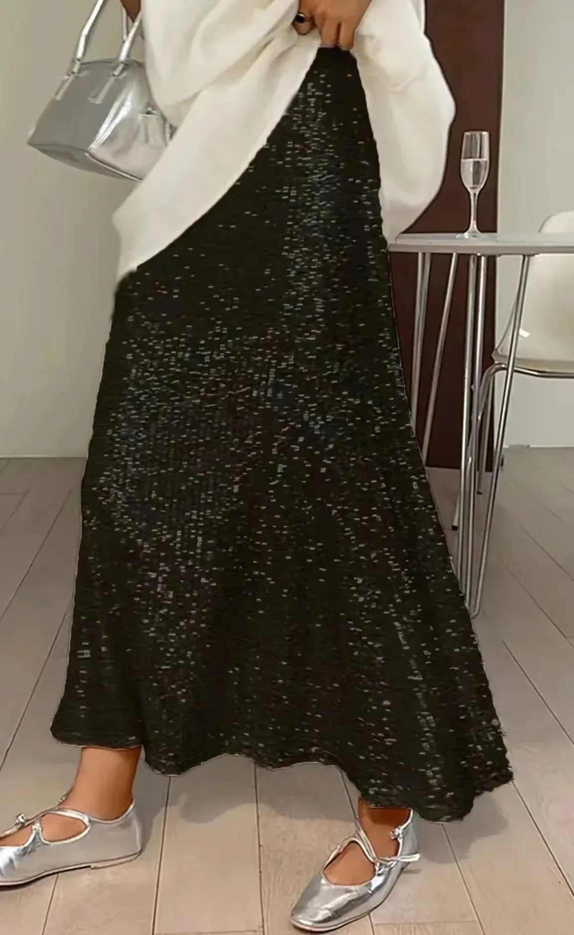 LVSANW Sequin Long Skirt Women Korean Fashion High Waist A-line Patchwork Slim Elegant Party Midi Skirt Autumn Casual