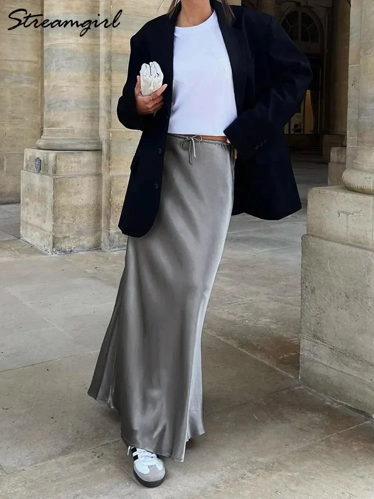 LVSANW Streamgirl A Line Long Satin Skirts For Women Black 2024 Elegant High Waist Maxi Beige Skirts Silk Lace Up Long Skirt Women