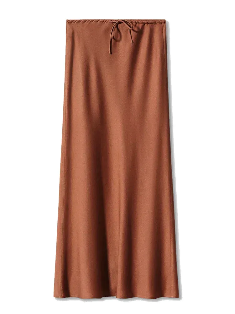 LVSANW Streamgirl A Line Long Satin Skirts For Women Black 2024 Elegant High Waist Maxi Beige Skirts Silk Lace Up Long Skirt Women