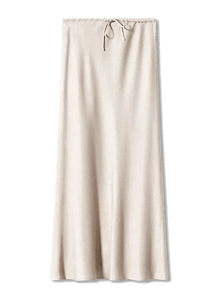 LVSANW Streamgirl A Line Long Satin Skirts For Women Black 2024 Elegant High Waist Maxi Beige Skirts Silk Lace Up Long Skirt Women