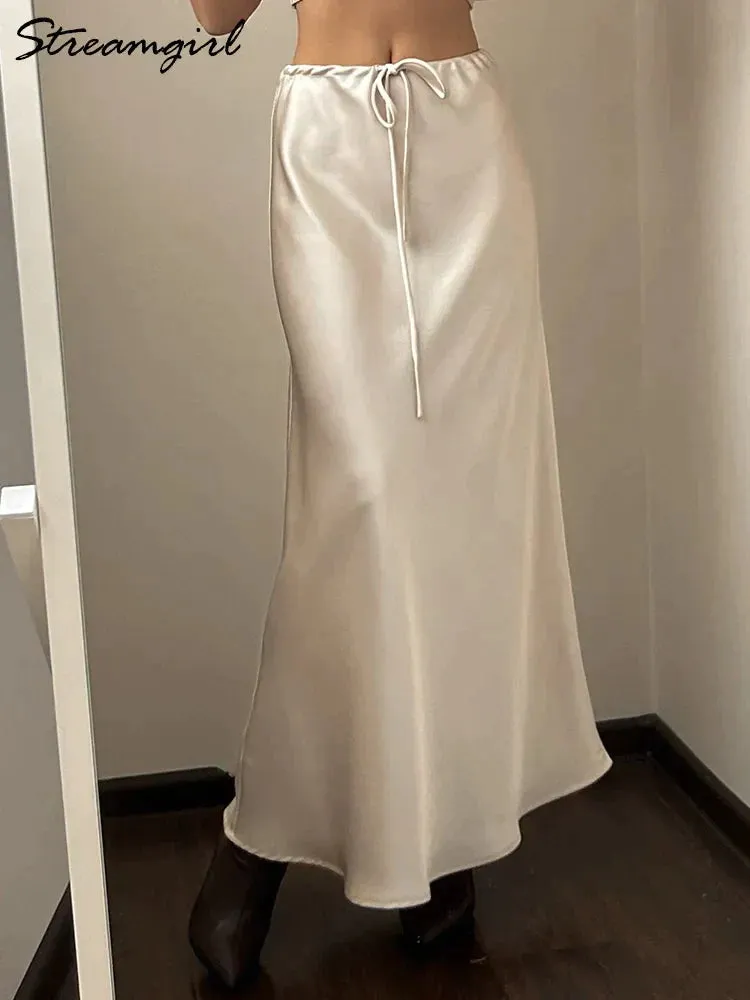 LVSANW Streamgirl A Line Long Satin Skirts For Women Black 2024 Elegant High Waist Maxi Beige Skirts Silk Lace Up Long Skirt Women