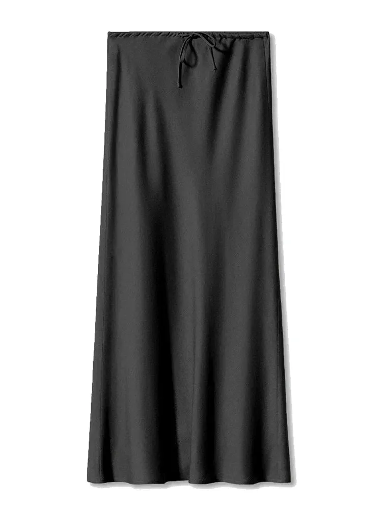 LVSANW Streamgirl A Line Long Satin Skirts For Women Black 2024 Elegant High Waist Maxi Beige Skirts Silk Lace Up Long Skirt Women
