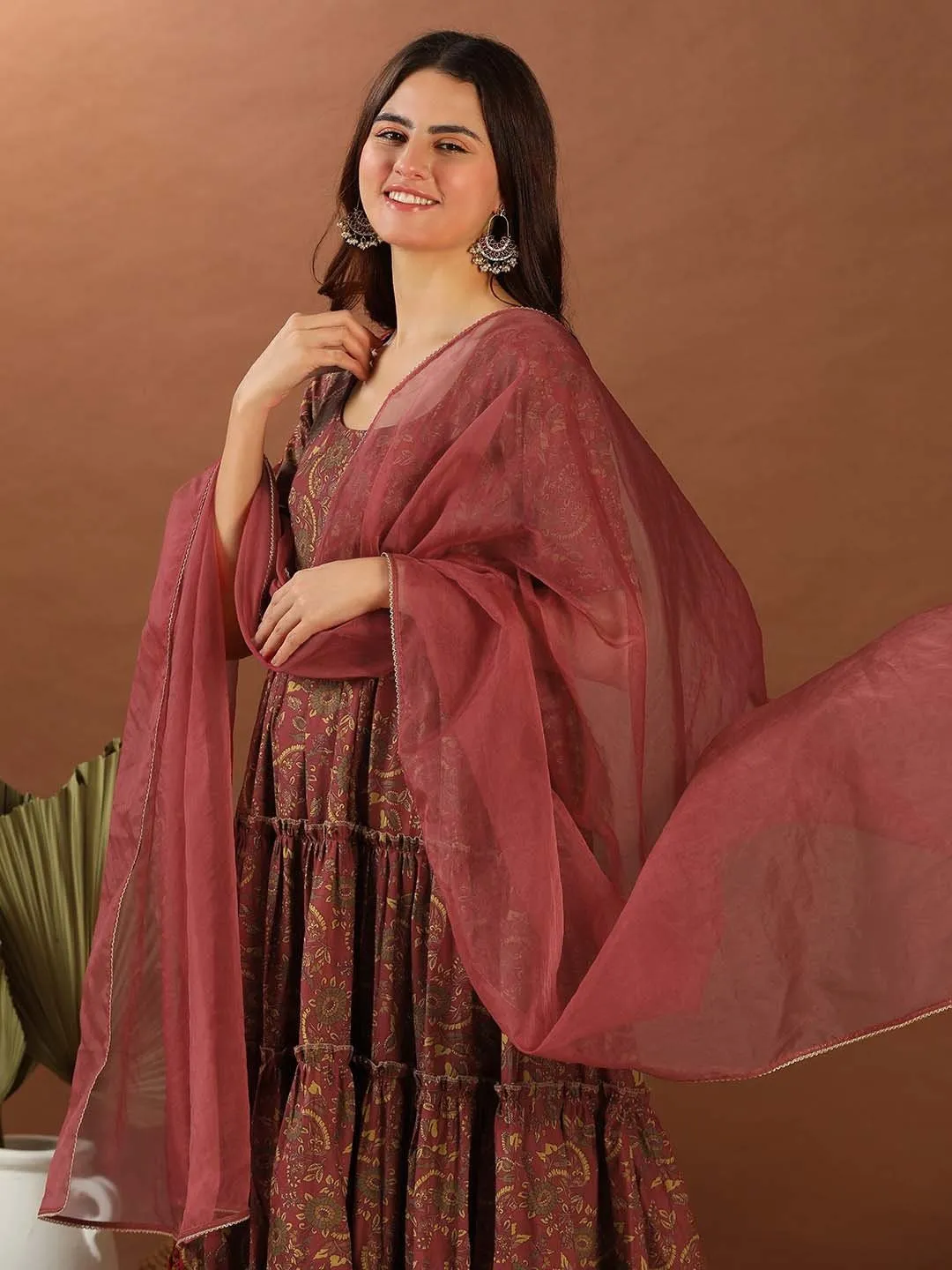 Maroon Floral Printed Tiered Kurta With Trousers & Dupatta