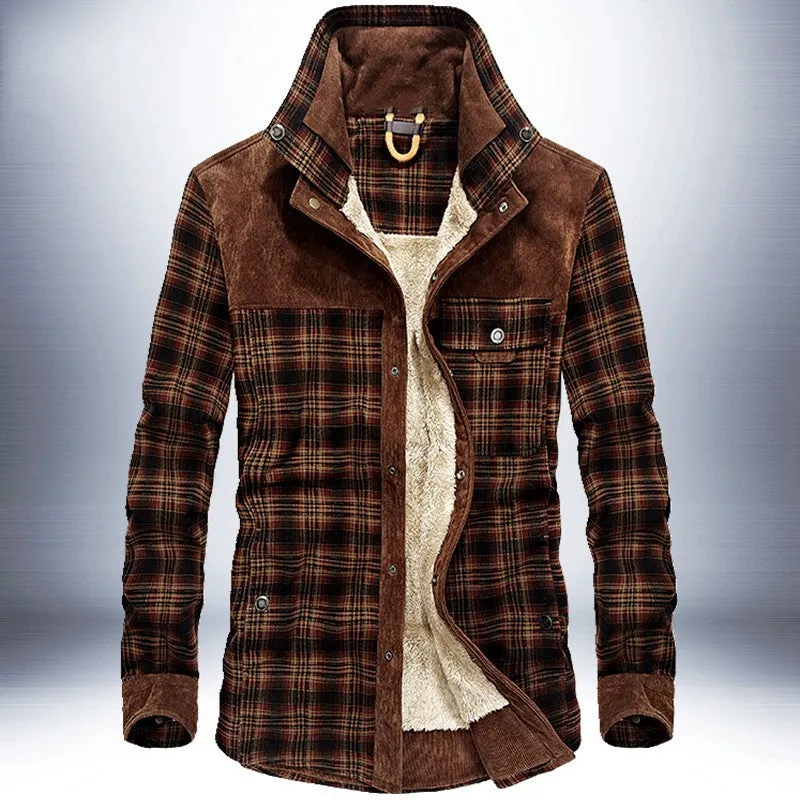 Men's plus velvet long-sleeved plaid shirt cotton warm casual cotton shirt