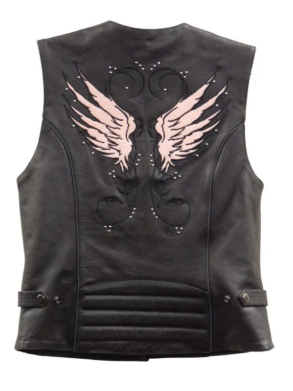 Milwaukee Leather XS1293 Ladies Winged Black and Pink Studded Leather Vest