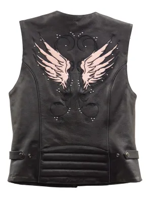 Milwaukee Leather XS1293 Ladies Winged Black and Pink Studded Leather Vest
