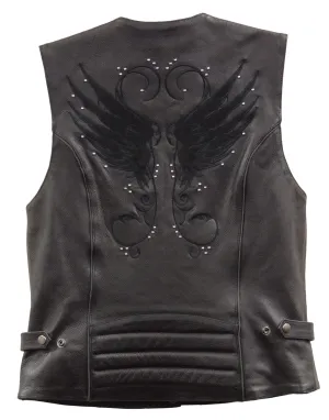 Milwaukee Leather XS1293 Ladies Winged Solid Black Studded Leather Vest