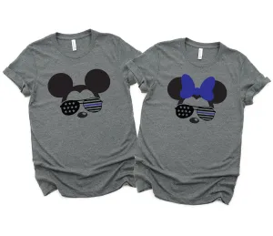 Minnie and Mickey Police Shirts - Disney Couples - Matching Shirts - Blue Line Minnie and Mickey - Disney Police - Stars and Stripes Glasses
