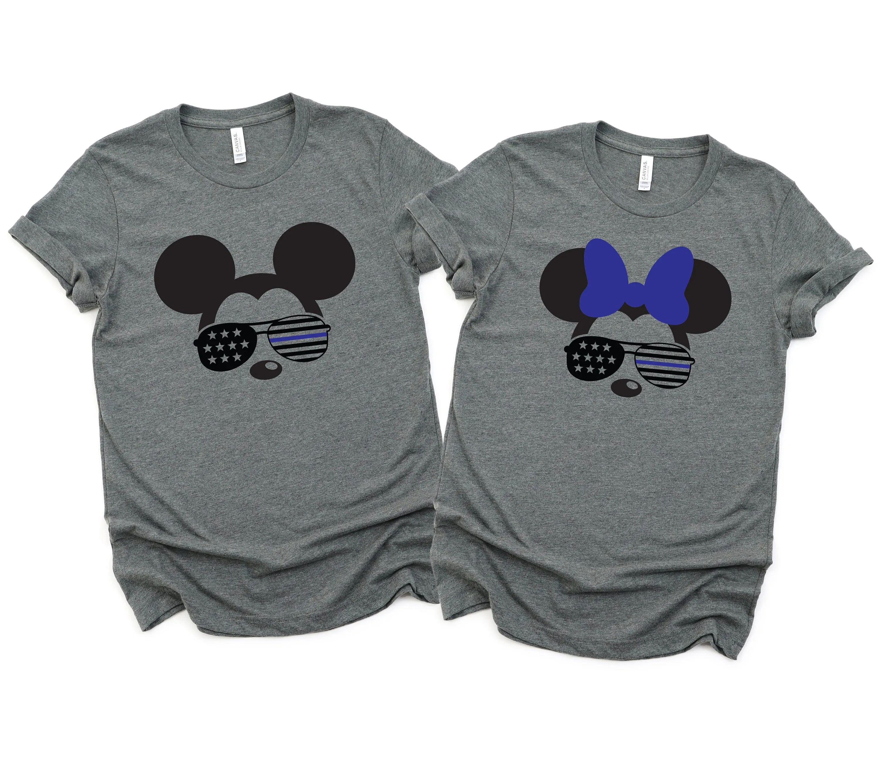 Minnie and Mickey Police Shirts - Disney Couples - Matching Shirts - Blue Line Minnie and Mickey - Disney Police - Stars and Stripes Glasses