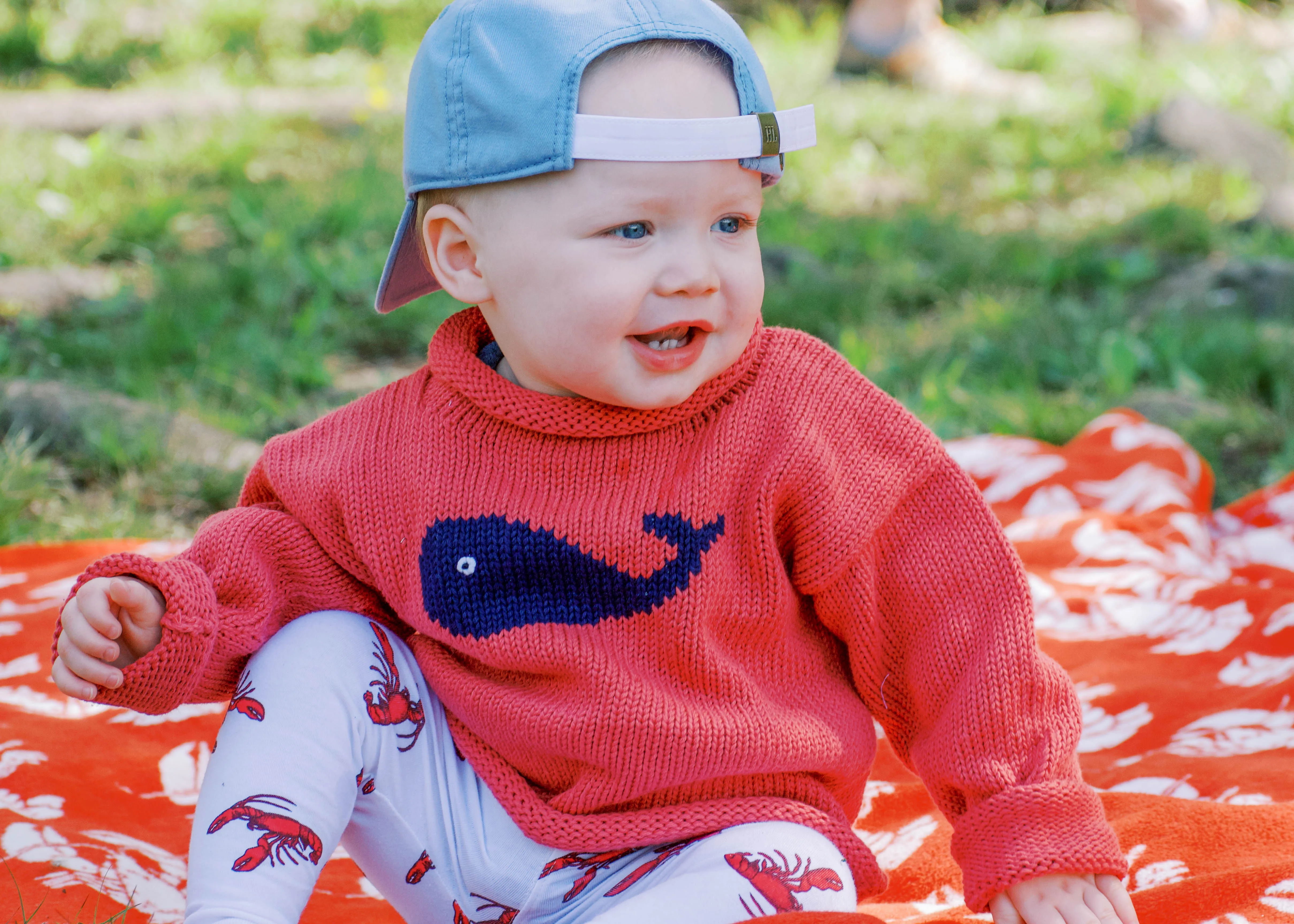 Nantucket Red and Blue Whale Roll Neck Sweater