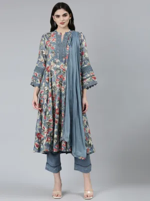Neeru's Grey Regular Straight Floral Kurta Sets And Trousers With Dupatta