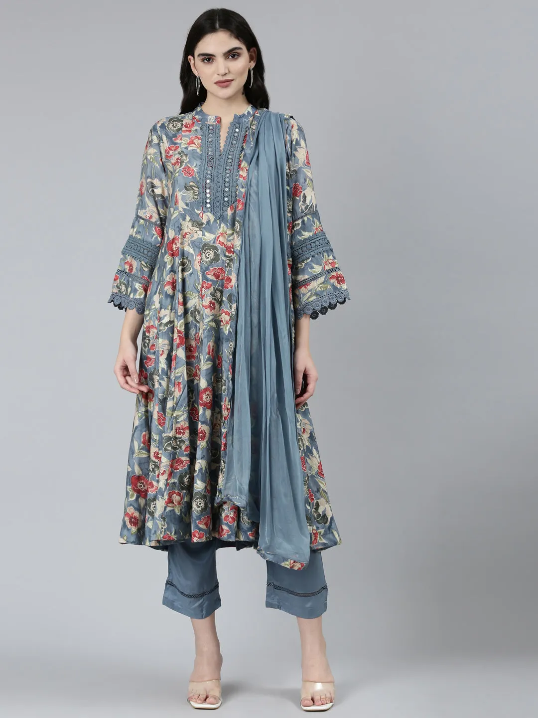 Neeru's Grey Regular Straight Floral Kurta Sets And Trousers With Dupatta