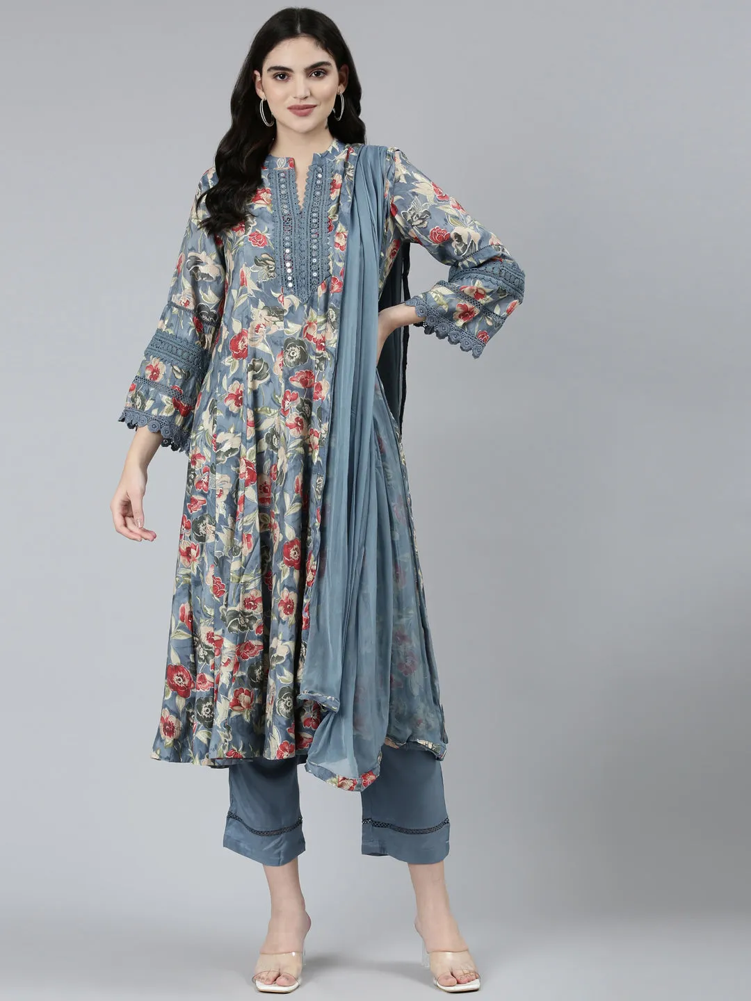 Neeru's Grey Regular Straight Floral Kurta Sets And Trousers With Dupatta