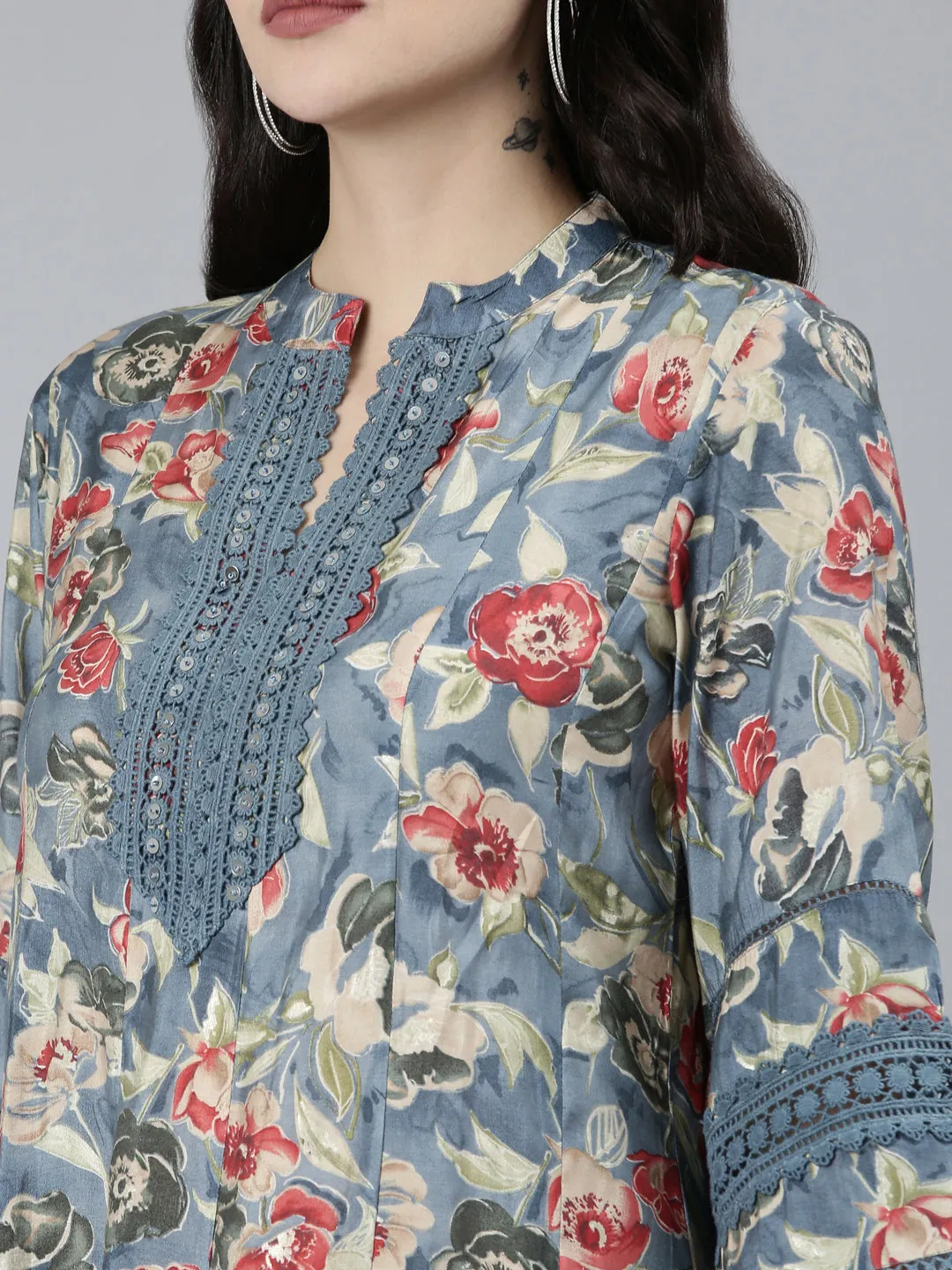 Neeru's Grey Regular Straight Floral Kurta Sets And Trousers With Dupatta