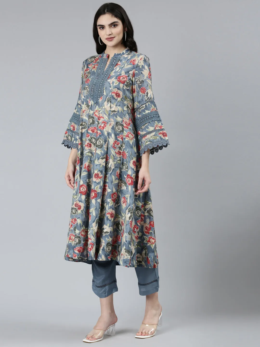 Neeru's Grey Regular Straight Floral Kurta Sets And Trousers With Dupatta