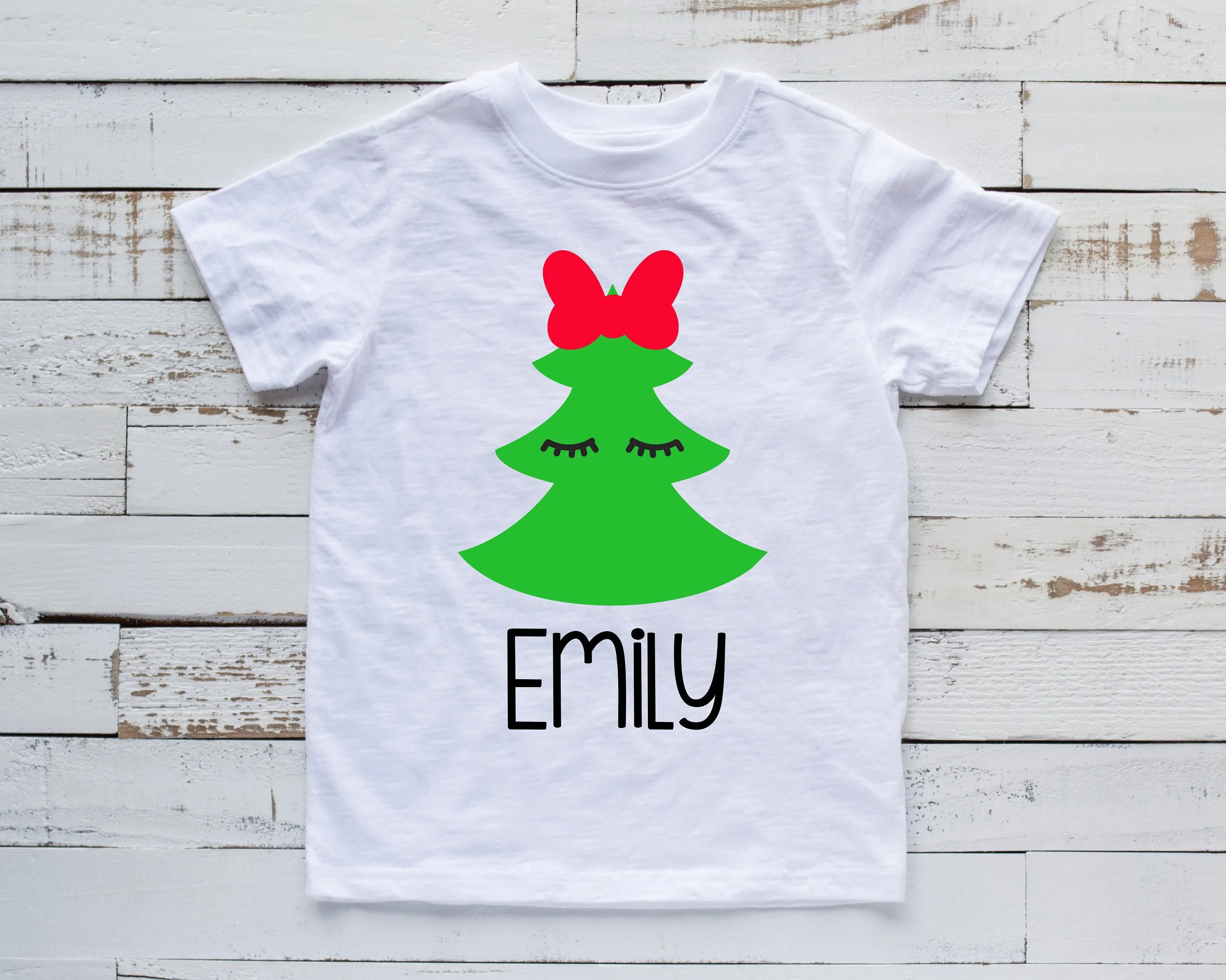 Personalized Christmas Tree T-shirt - Kids Custom Name Christmas Shirt - Christmas Tree with Eyelashes Personalized Holiday Shirt