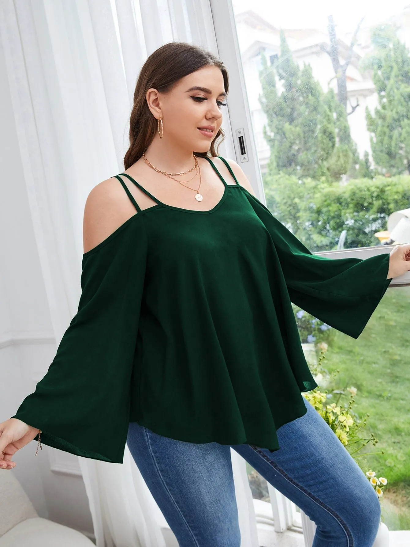 Plain Asymmetrical Long Sleeve Cold Shoulder Asymmetrical Regular Plus Size Blouse