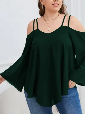 Plain Asymmetrical Long Sleeve Cold Shoulder Asymmetrical Regular Plus Size Blouse