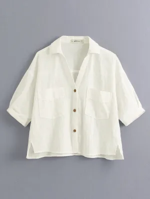 Plain Button Front Half Sleeve Collar Regular Plus Size Blouse