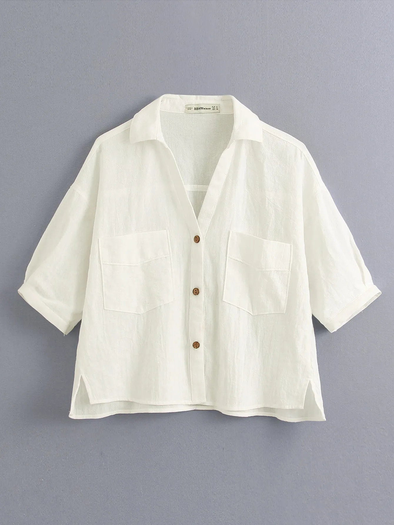 Plain Button Front Half Sleeve Collar Regular Plus Size Blouse