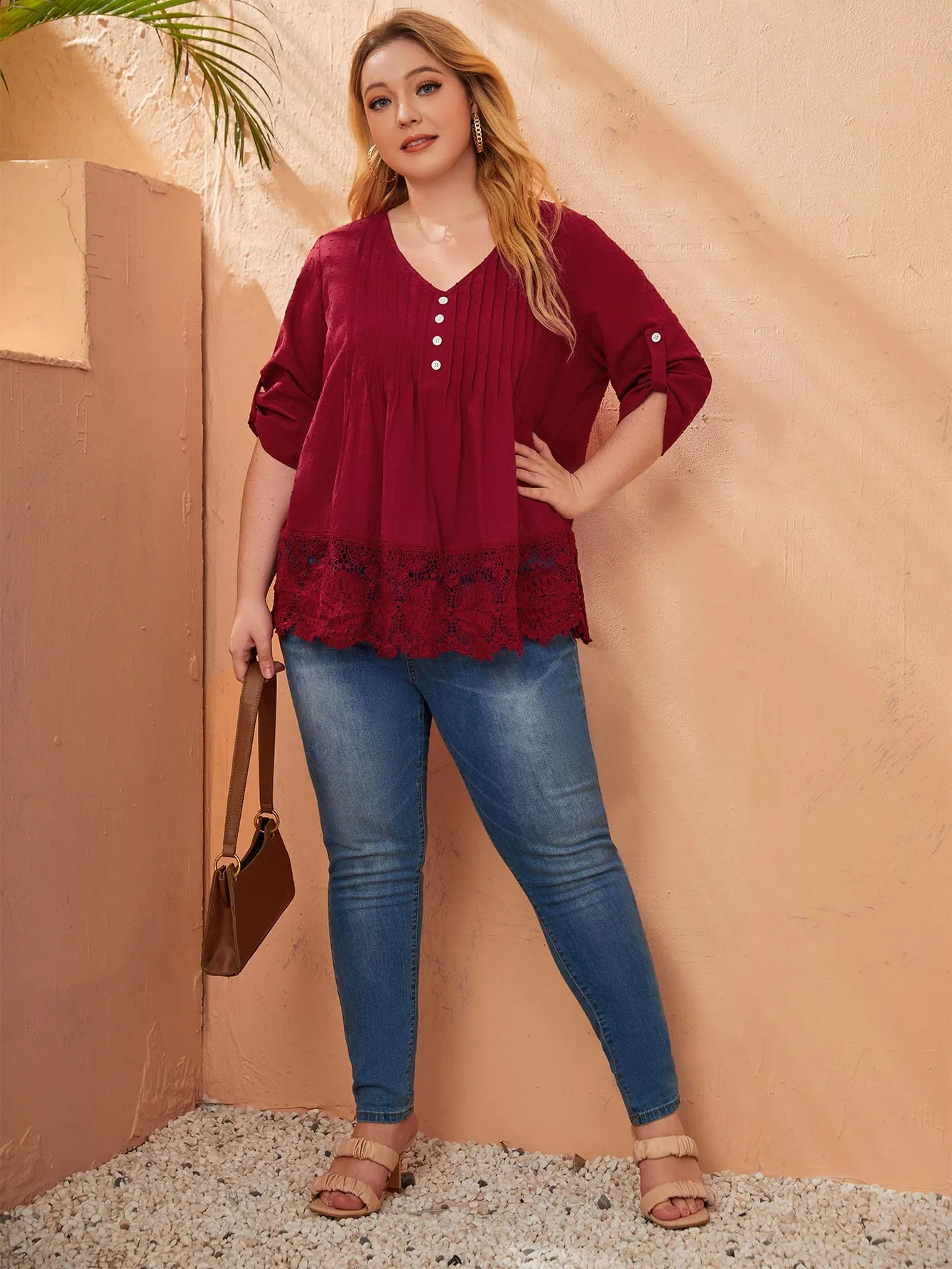 Plain Button Front Three Quarter Length Sleeve V Neck Long Plus Size Blouse
