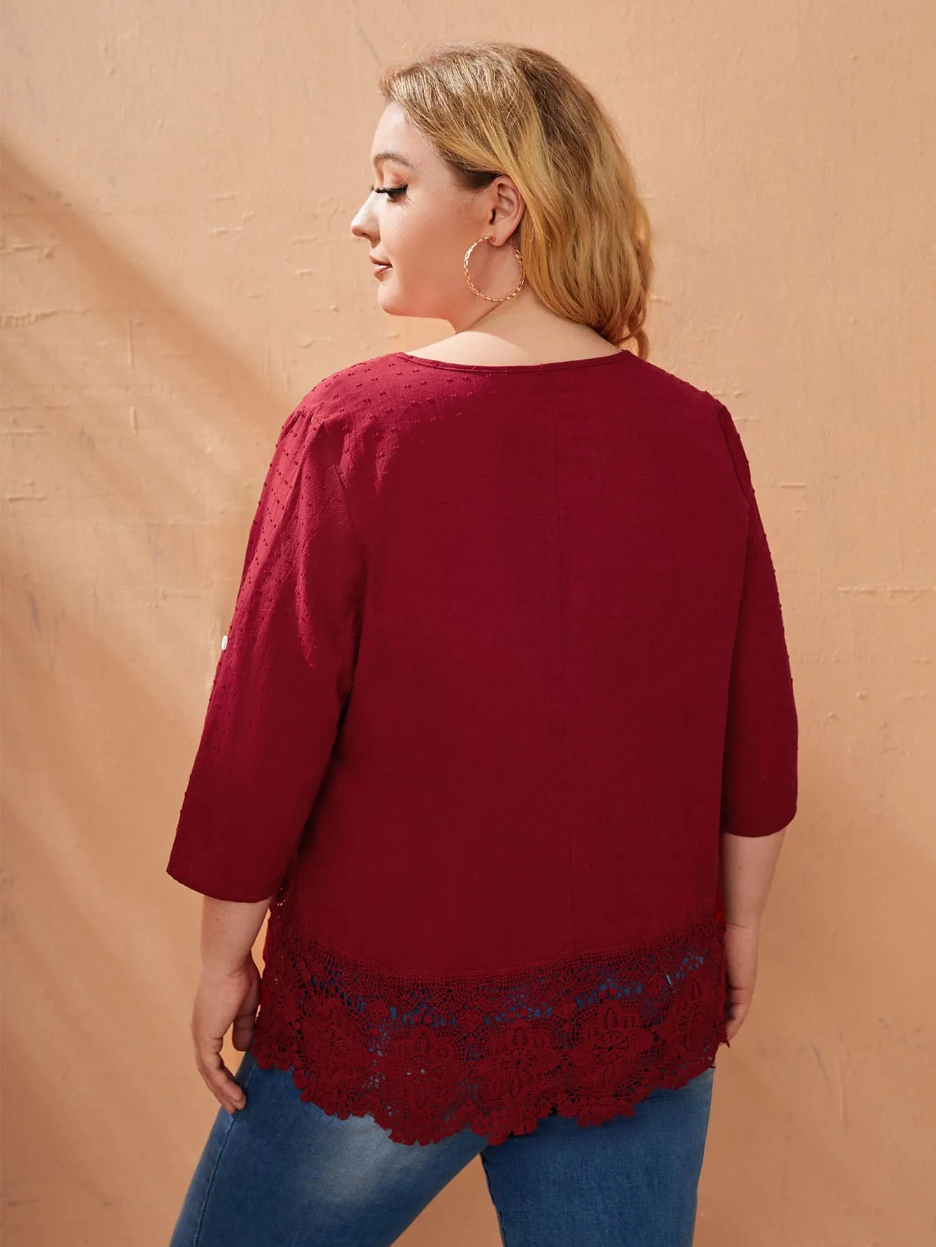Plain Button Front Three Quarter Length Sleeve V Neck Long Plus Size Blouse