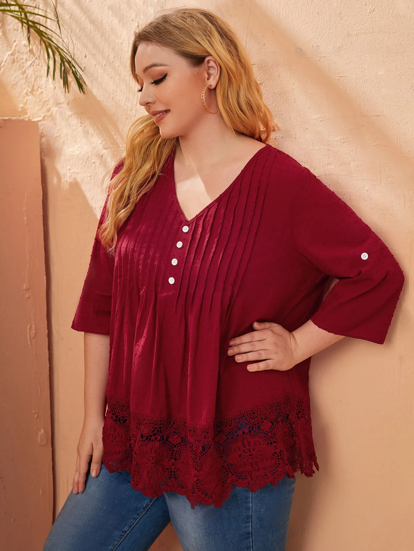 Plain Button Front Three Quarter Length Sleeve V Neck Long Plus Size Blouse