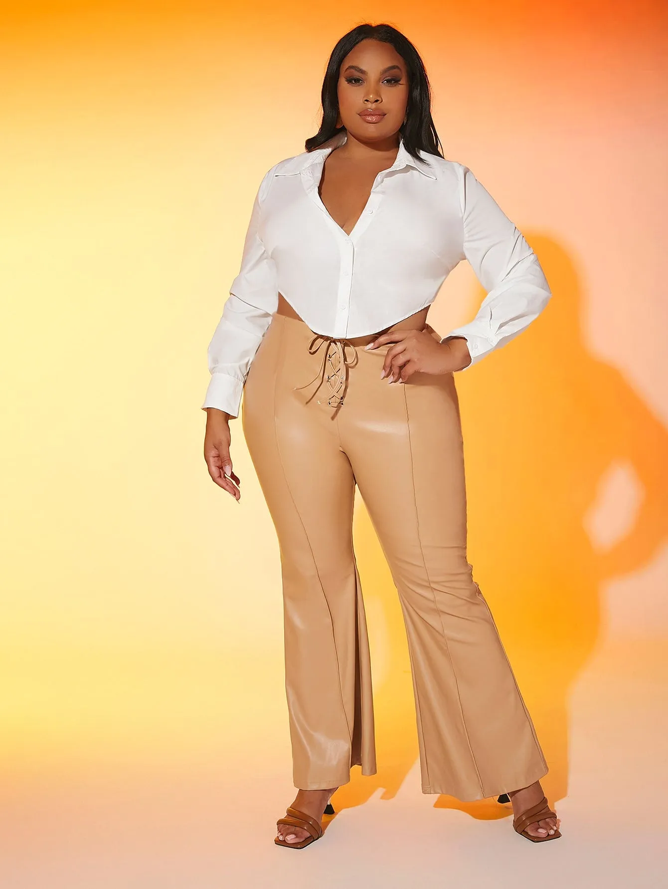 Plain Button Long Sleeve Asymmetrical Crop Plus Size Blouse