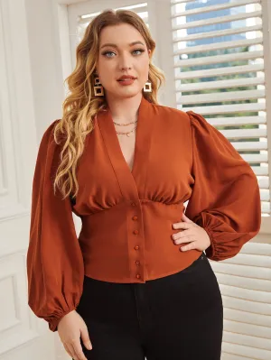 Plain Button Long Sleeve Round Neck Regular Plus Size Blouse