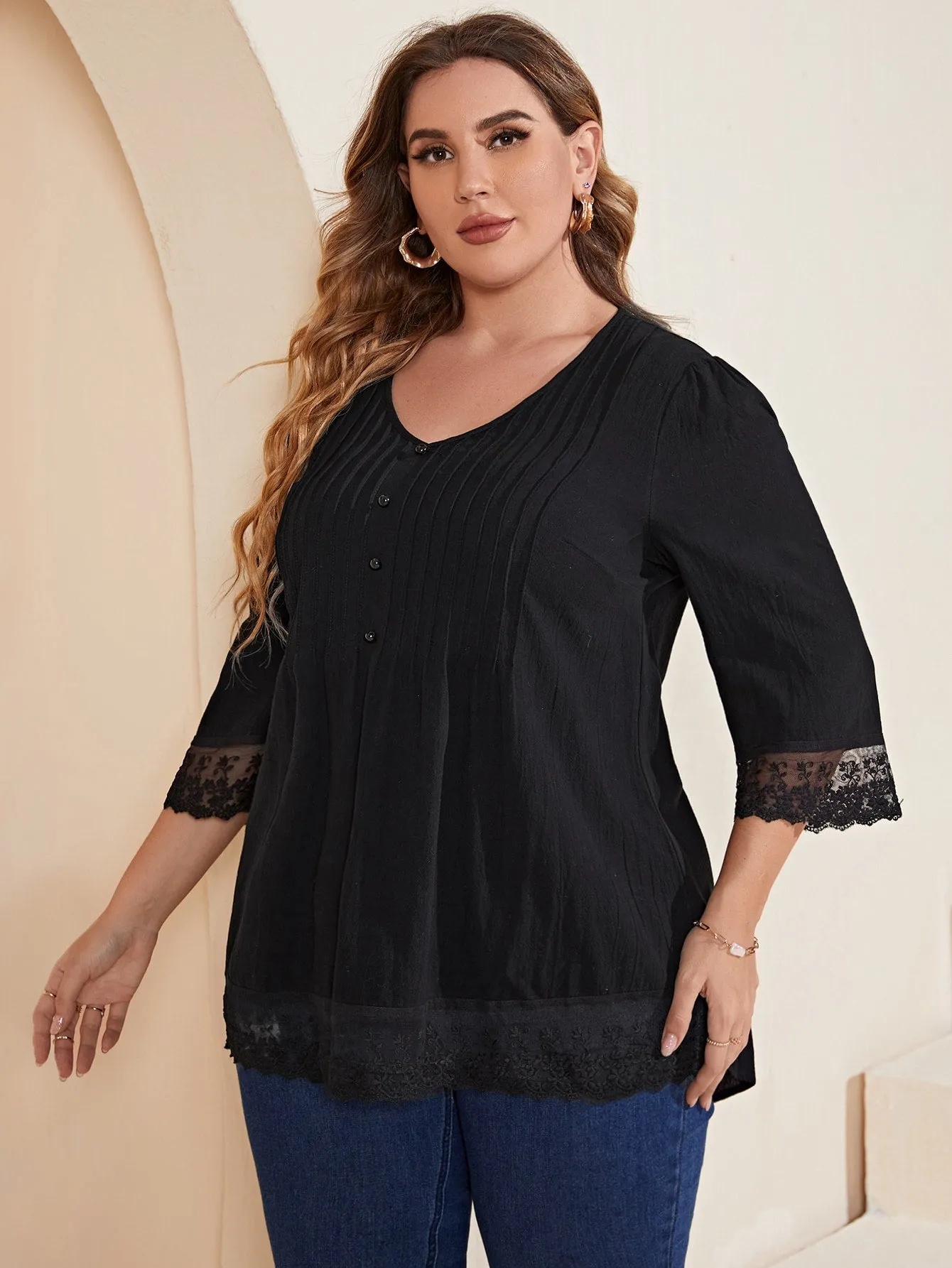 Plain Contrast Lace Three Quarter Length Sleeve V Neck Long Plus Size Blouse
