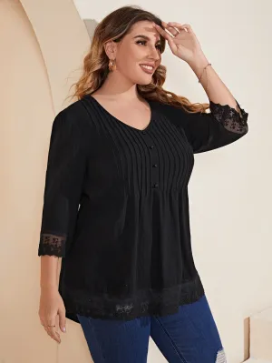 Plain Contrast Lace Three Quarter Length Sleeve V Neck Long Plus Size Blouse