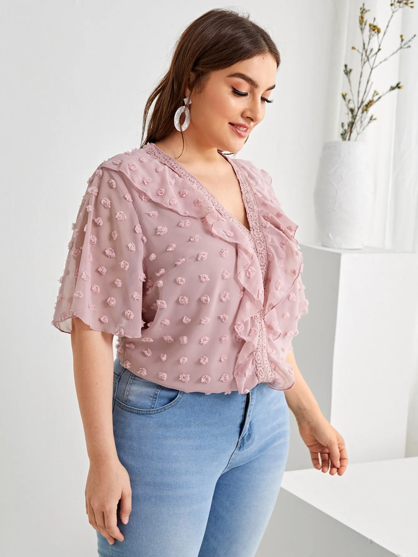 Plain Ruffle Half Sleeve V Neck Long Plus Size Blouse