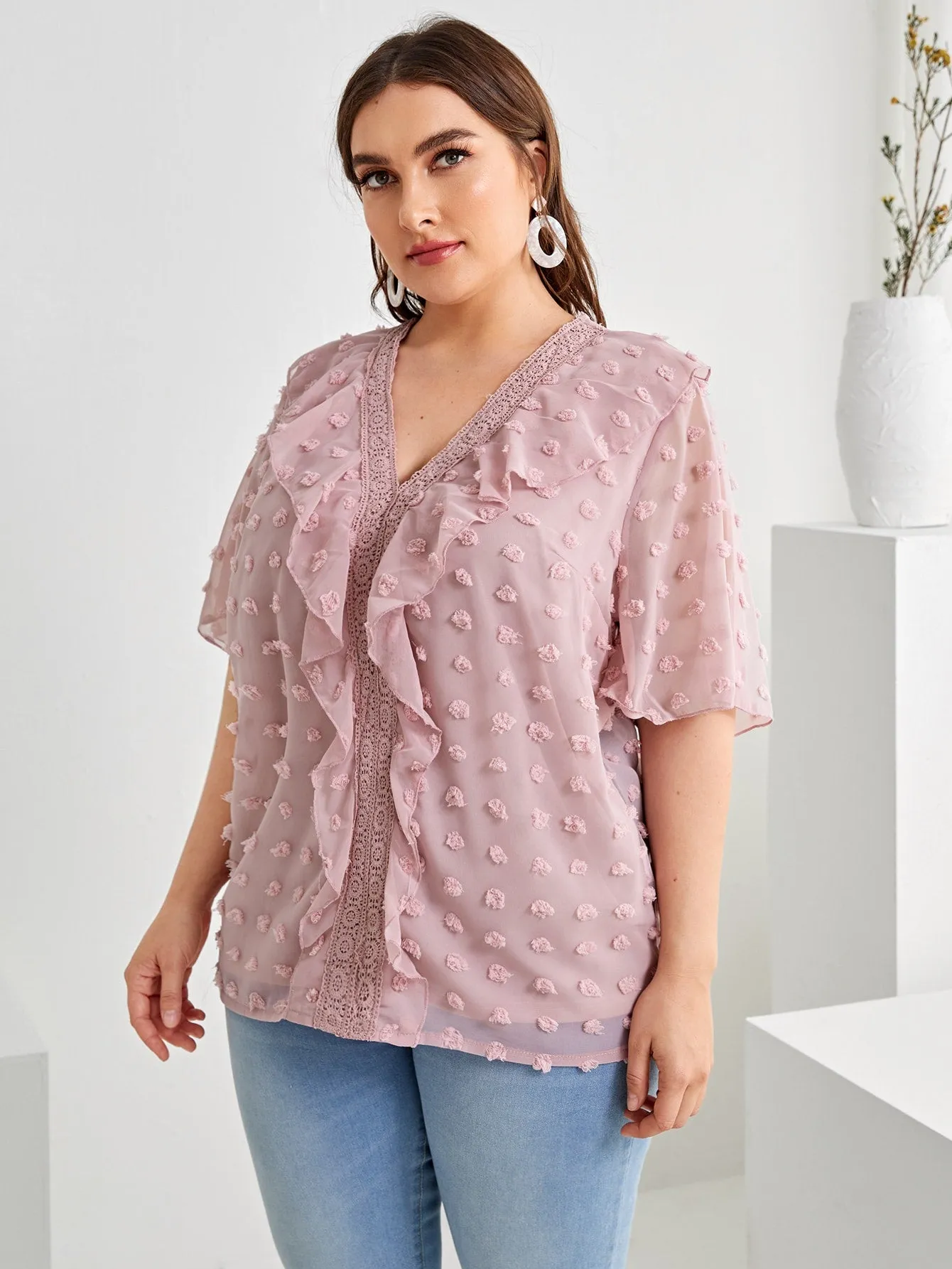 Plain Ruffle Half Sleeve V Neck Long Plus Size Blouse