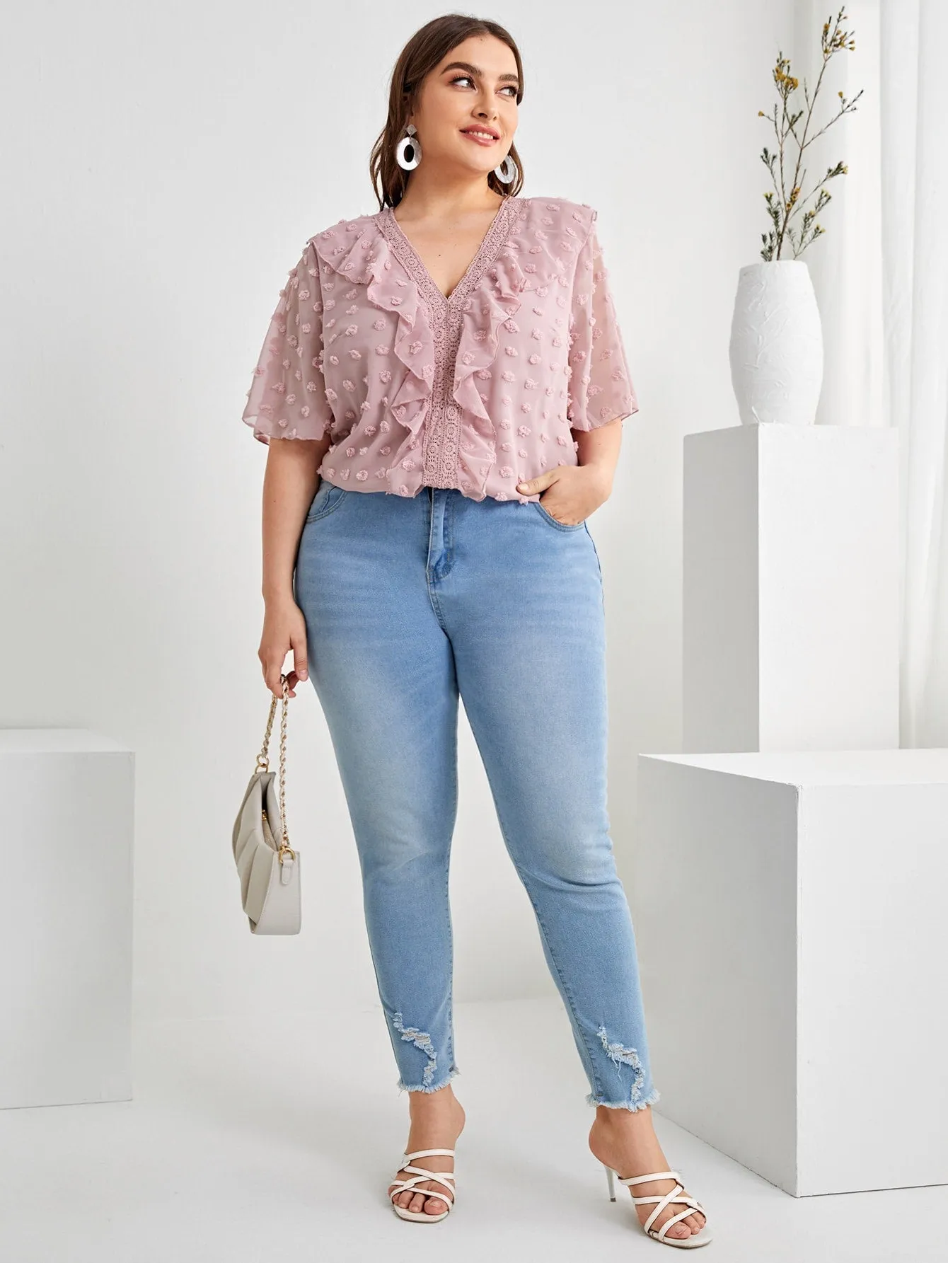 Plain Ruffle Half Sleeve V Neck Long Plus Size Blouse