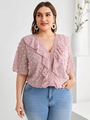 Plain Ruffle Half Sleeve V Neck Long Plus Size Blouse