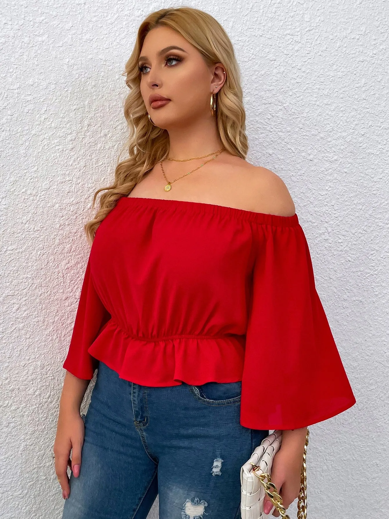 Plain Ruffle Hem Half Sleeve Off The Shoulder Crop Plus Size Blouse