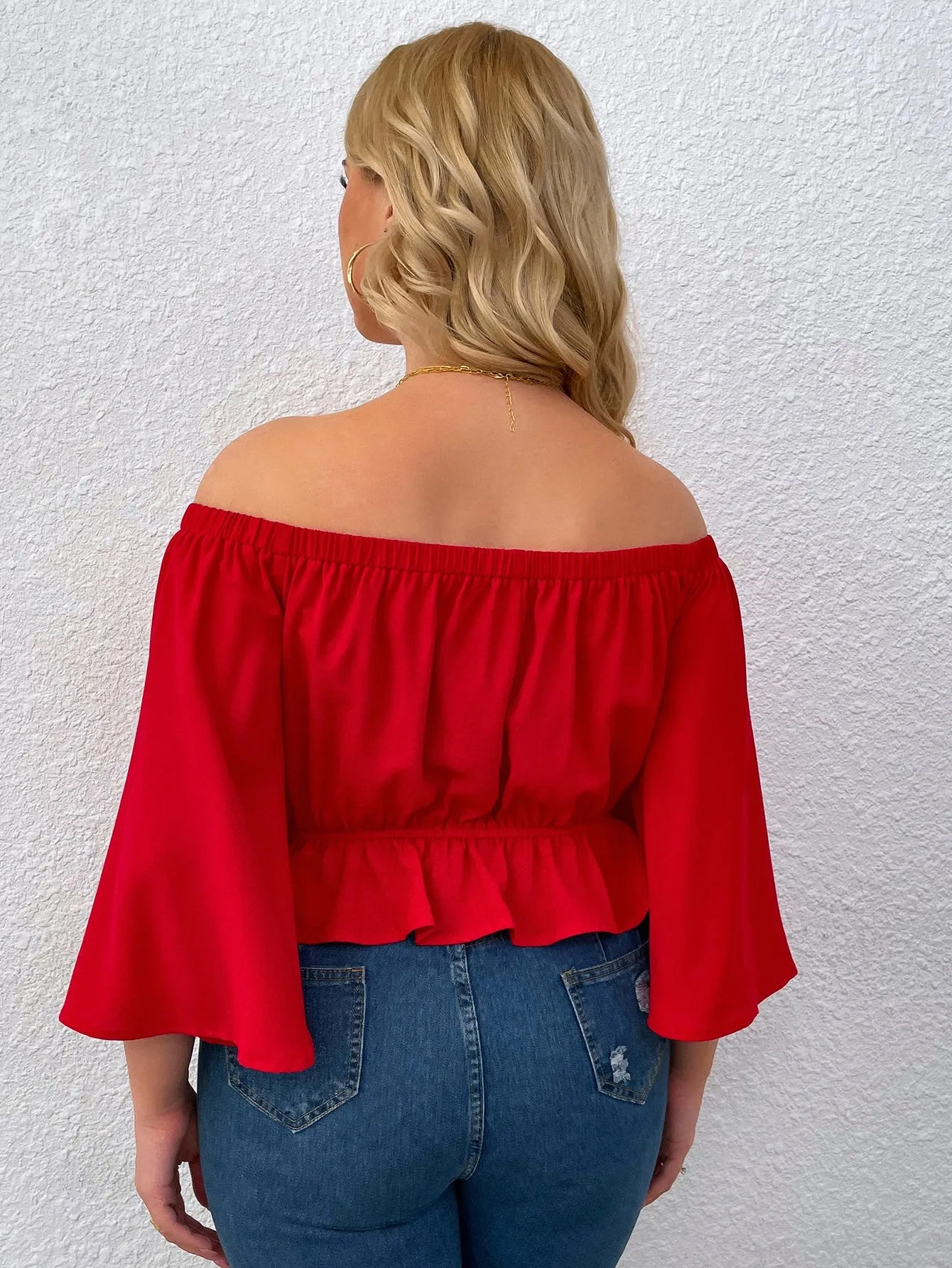 Plain Ruffle Hem Half Sleeve Off The Shoulder Crop Plus Size Blouse