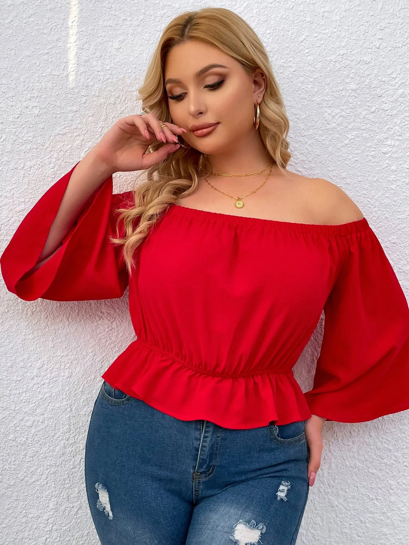 Plain Ruffle Hem Half Sleeve Off The Shoulder Crop Plus Size Blouse