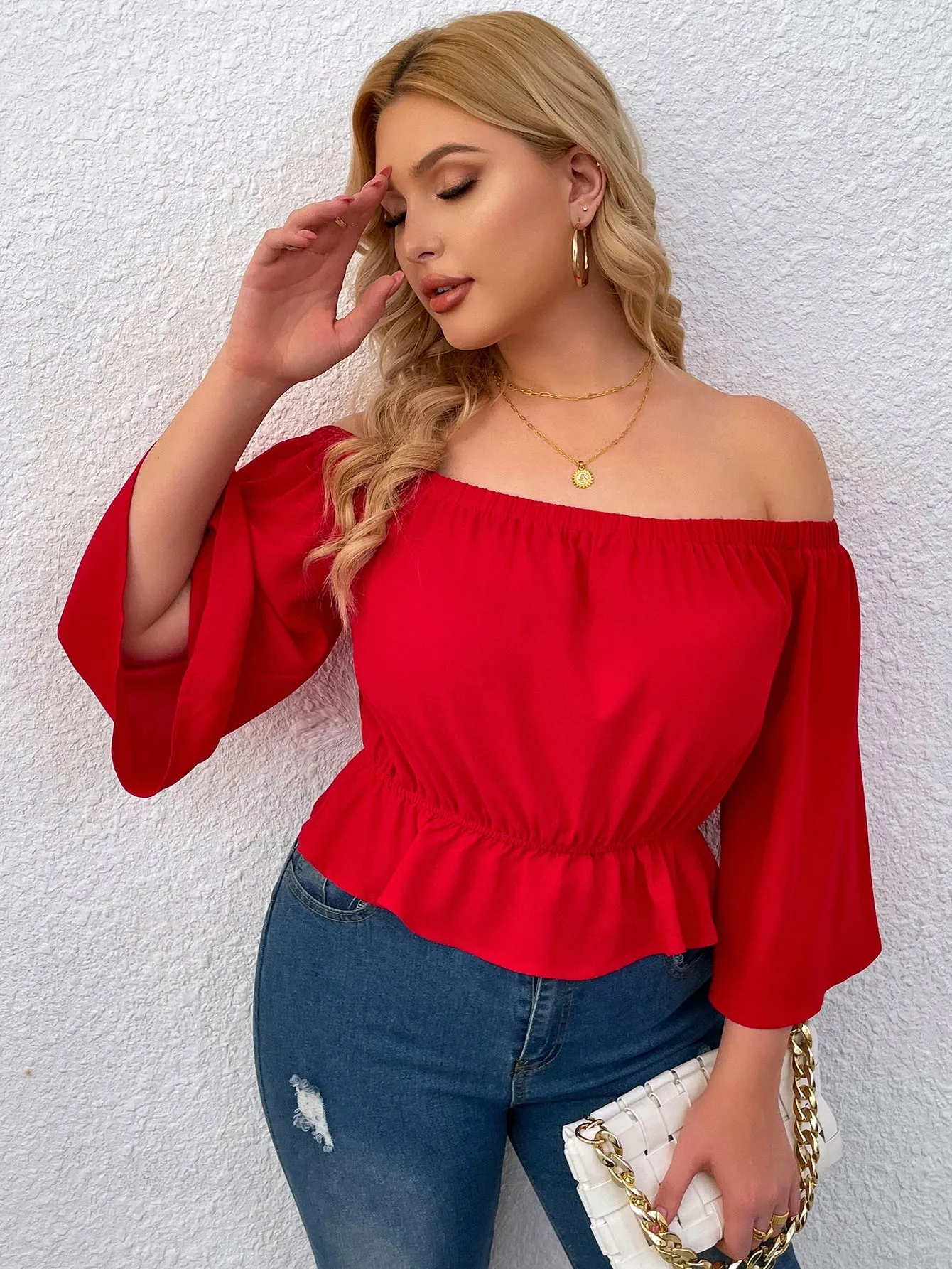 Plain Ruffle Hem Half Sleeve Off The Shoulder Crop Plus Size Blouse