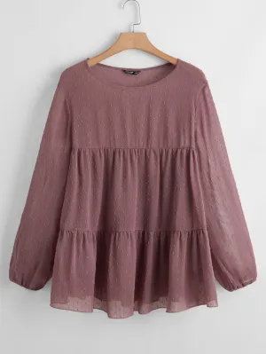 Plain Ruffle Hem Long Sleeve Round Neck Long Plus Size Blouse