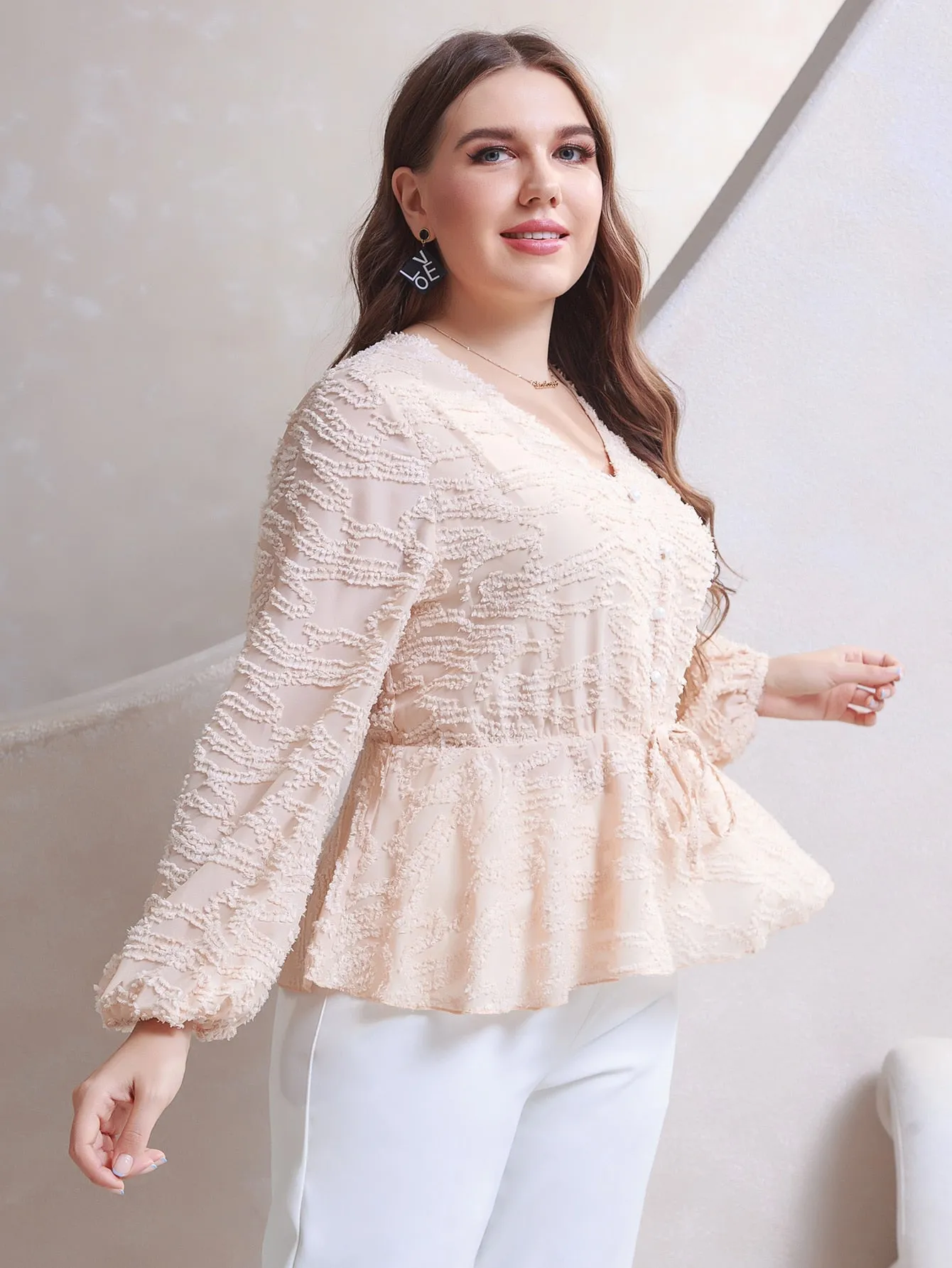 Plain Ruffle Hem Long Sleeve V Neck Flared Regular Plus Size Blouse