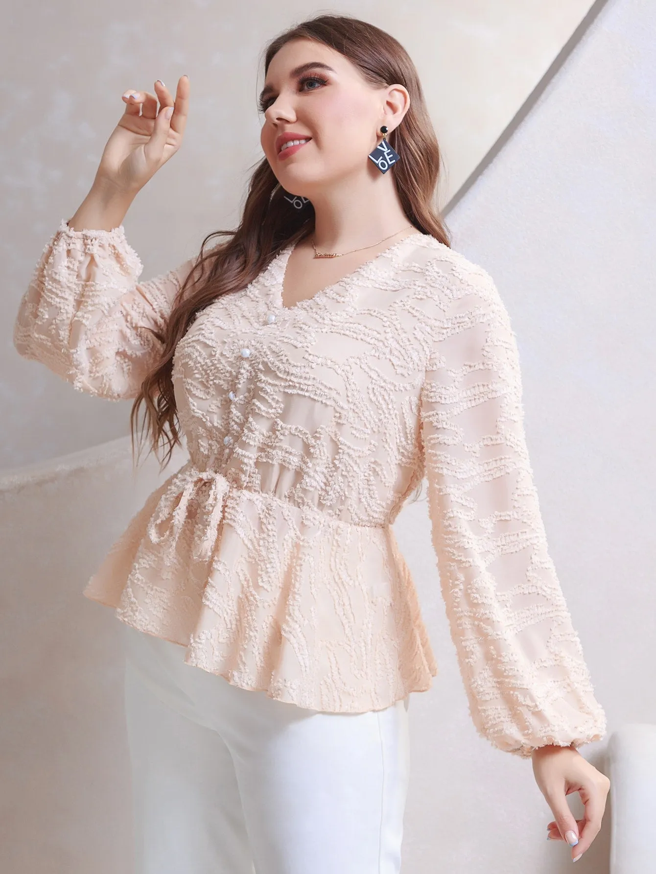 Plain Ruffle Hem Long Sleeve V Neck Flared Regular Plus Size Blouse